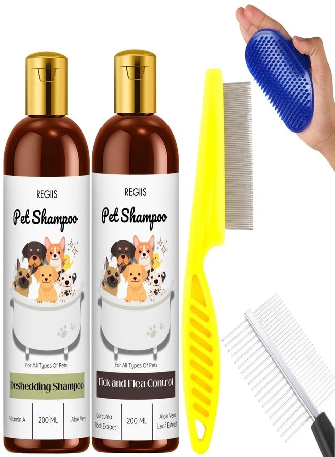 مجموعة شامبو ريجيس للحيوانات الأليفة مع تركيبة لإزالة الشعر الزائد ومكافحة القراد، 200 مل لكل عبوة، تتضمن فرش تنظيف للكلاب (عبوة من 5 قطع). - Image 1